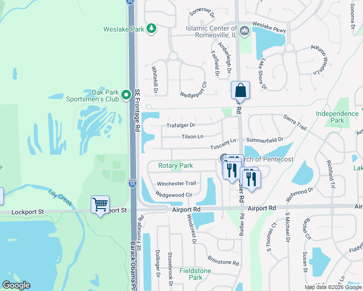 map of restaurants, bars, coffee shops, grocery stores, and more near 2008 Tuscany Lane in Romeoville