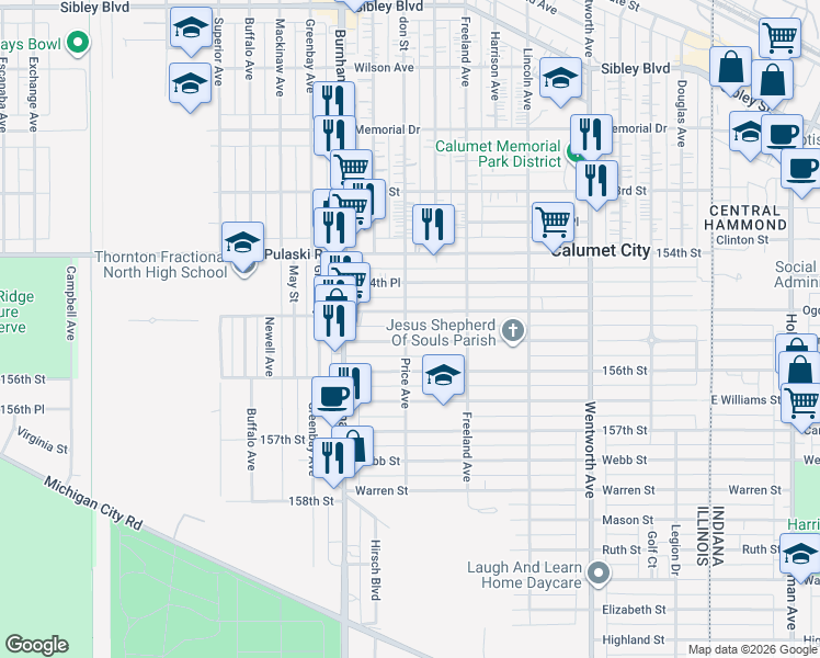map of restaurants, bars, coffee shops, grocery stores, and more near 448 155th Place in Calumet City