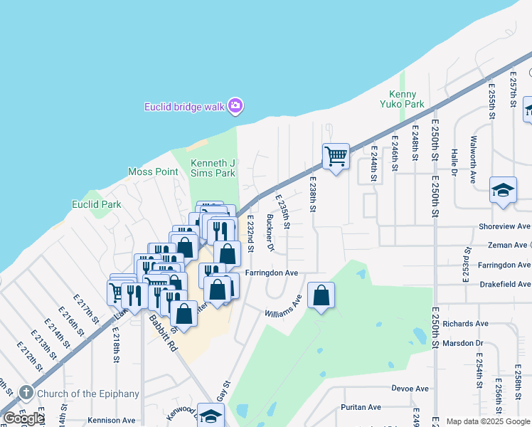 map of restaurants, bars, coffee shops, grocery stores, and more near 269 Buckner Drive in Euclid