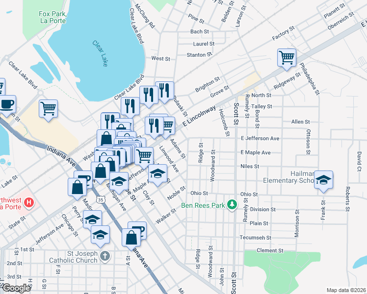 map of restaurants, bars, coffee shops, grocery stores, and more near 202 East Jefferson Avenue in La Porte