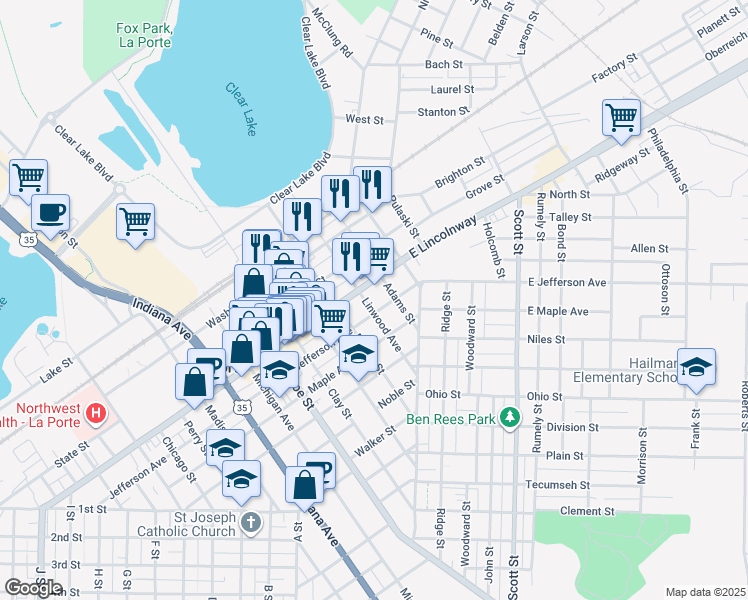 map of restaurants, bars, coffee shops, grocery stores, and more near 301 Jefferson Avenue in La Porte