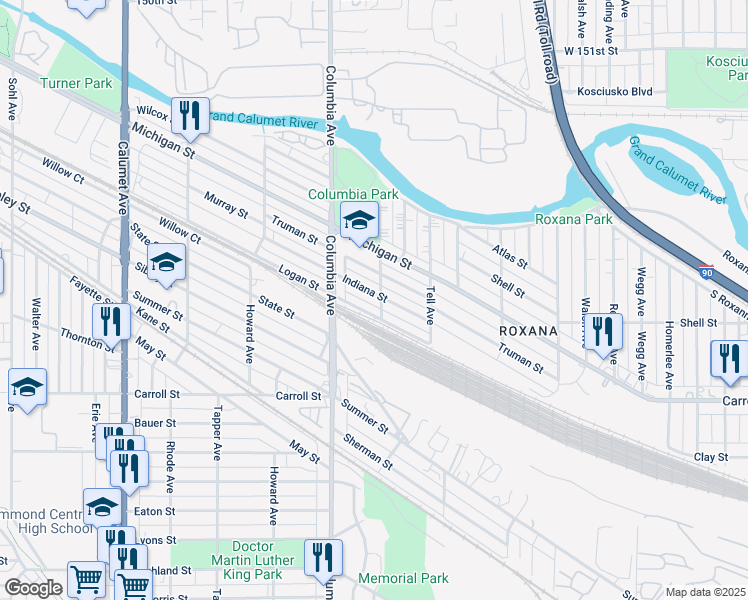map of restaurants, bars, coffee shops, grocery stores, and more near 1243 Logan Street in Hammond