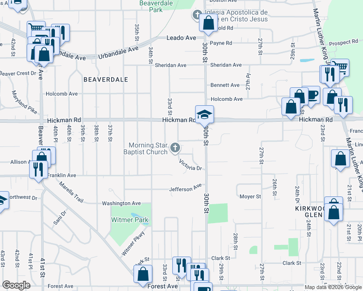 map of restaurants, bars, coffee shops, grocery stores, and more near 3103 Lincoln Avenue in Des Moines