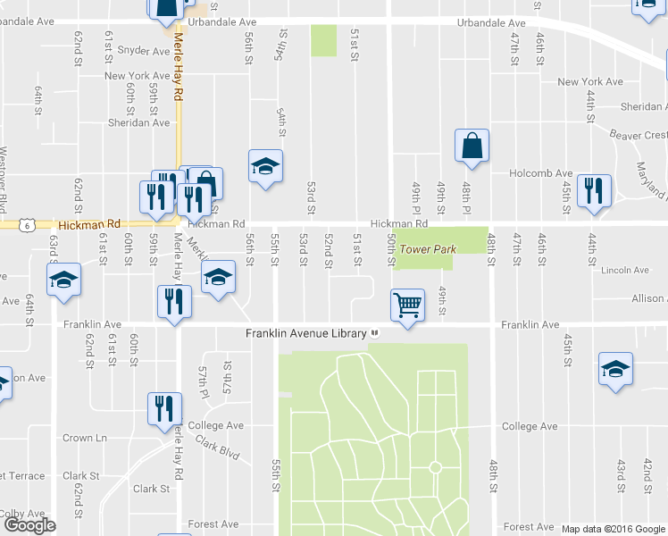 map of restaurants, bars, coffee shops, grocery stores, and more near 5113 Lincoln Avenue in Des Moines