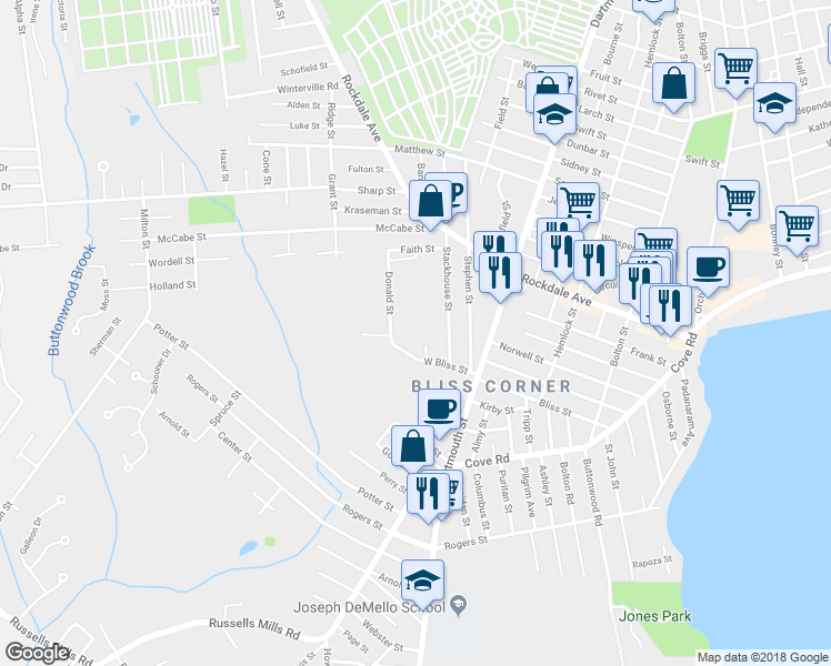 map of restaurants, bars, coffee shops, grocery stores, and more near 1 Joanne Lane in Dartmouth