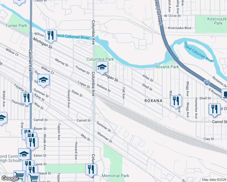map of restaurants, bars, coffee shops, grocery stores, and more near 1333 Indiana Street in Hammond