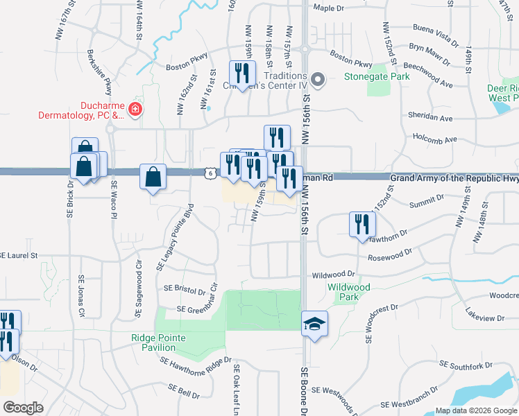 map of restaurants, bars, coffee shops, grocery stores, and more near 2150 Northwest 159th Street in Clive