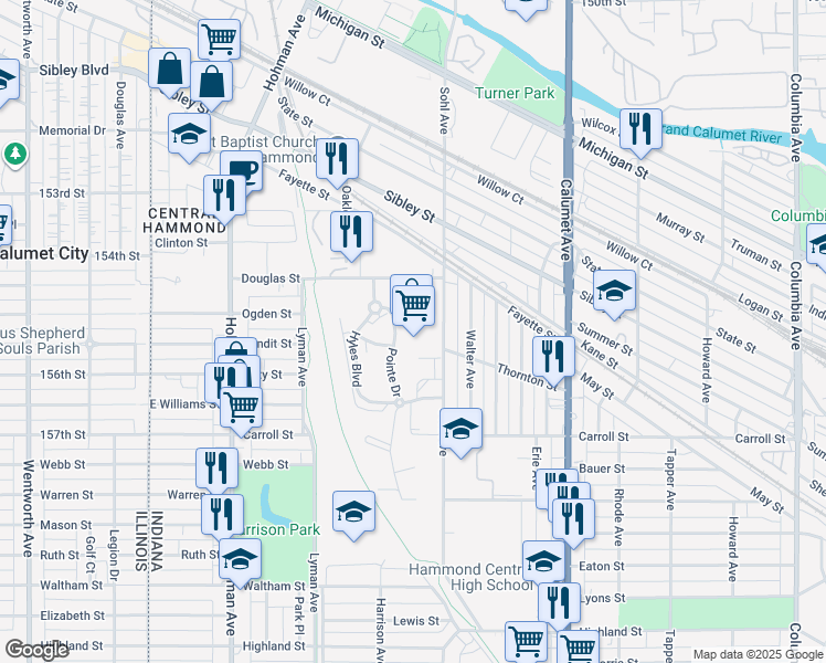 map of restaurants, bars, coffee shops, grocery stores, and more near 5550 Sohl Avenue in Hammond