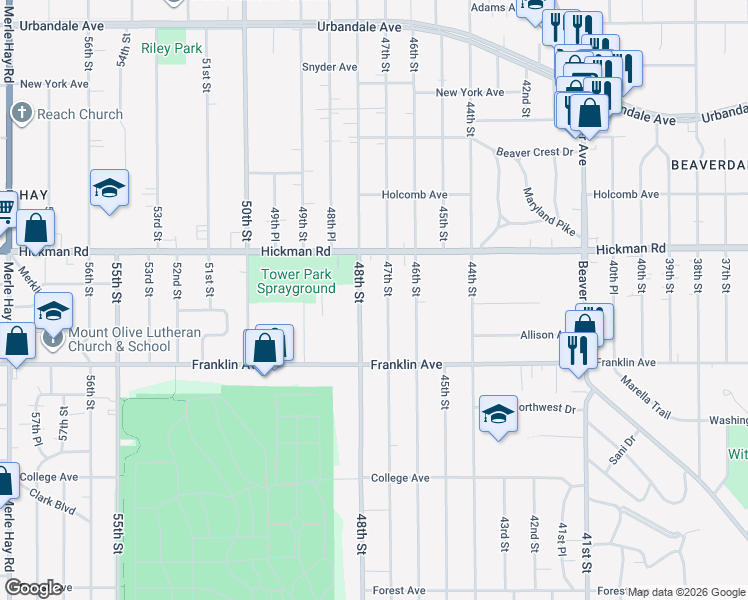 map of restaurants, bars, coffee shops, grocery stores, and more near 2021 48th Street in Des Moines