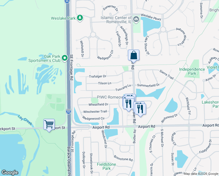map of restaurants, bars, coffee shops, grocery stores, and more near 1983 Tuscany Lane in Romeoville