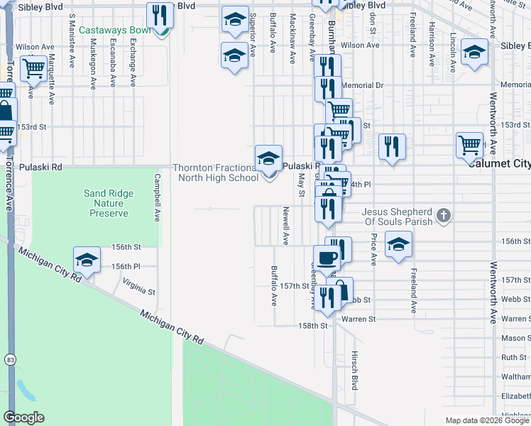 map of restaurants, bars, coffee shops, grocery stores, and more near 753 Buffalo Avenue in Calumet City