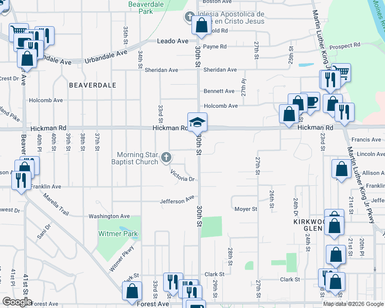 map of restaurants, bars, coffee shops, grocery stores, and more near 3008 Francis Avenue in Des Moines