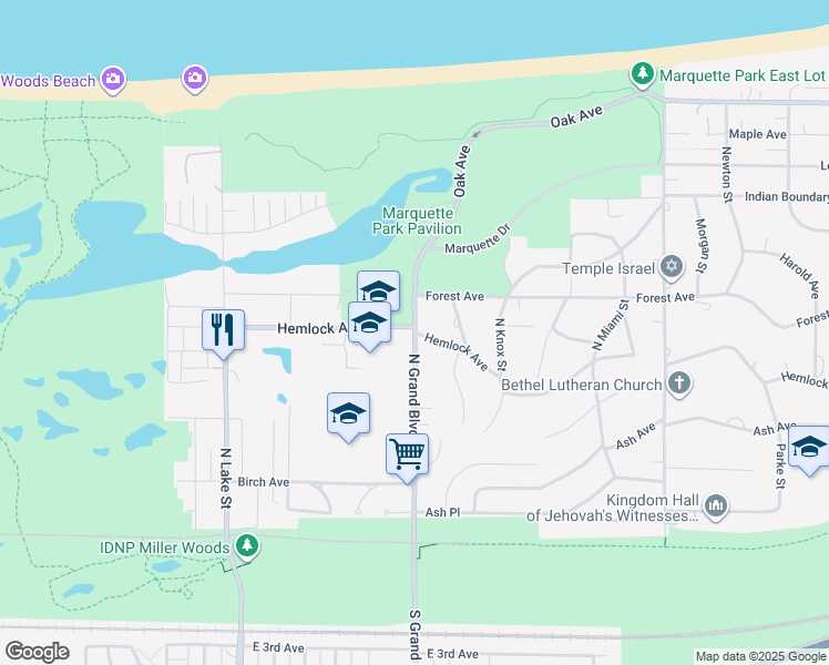 map of restaurants, bars, coffee shops, grocery stores, and more near North Grand Boulevard in Gary