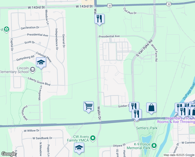 map of restaurants, bars, coffee shops, grocery stores, and more near 14750 Wallin Drive in Plainfield