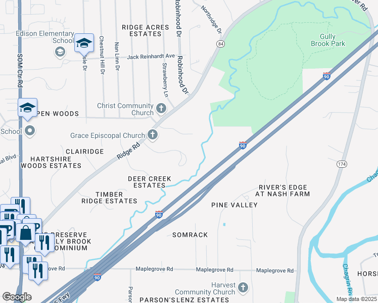 map of restaurants, bars, coffee shops, grocery stores, and more near 5645 Grace Woods Drive in Willoughby