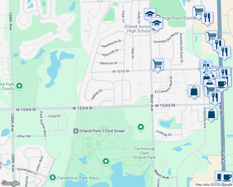 map of restaurants, bars, coffee shops, grocery stores, and more near 15228 Huntington Court in Orland Park