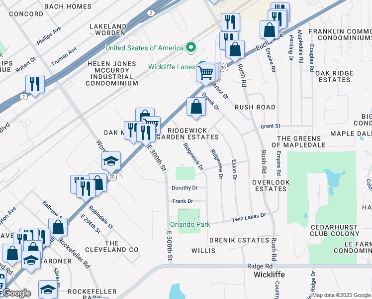 map of restaurants, bars, coffee shops, grocery stores, and more near 1628 Ridgewick Drive in Wickliffe