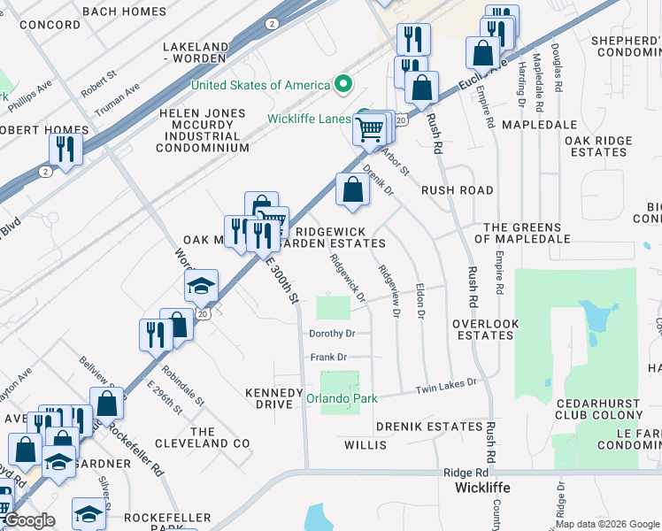 map of restaurants, bars, coffee shops, grocery stores, and more near 1628 Ridgewick Drive in Wickliffe