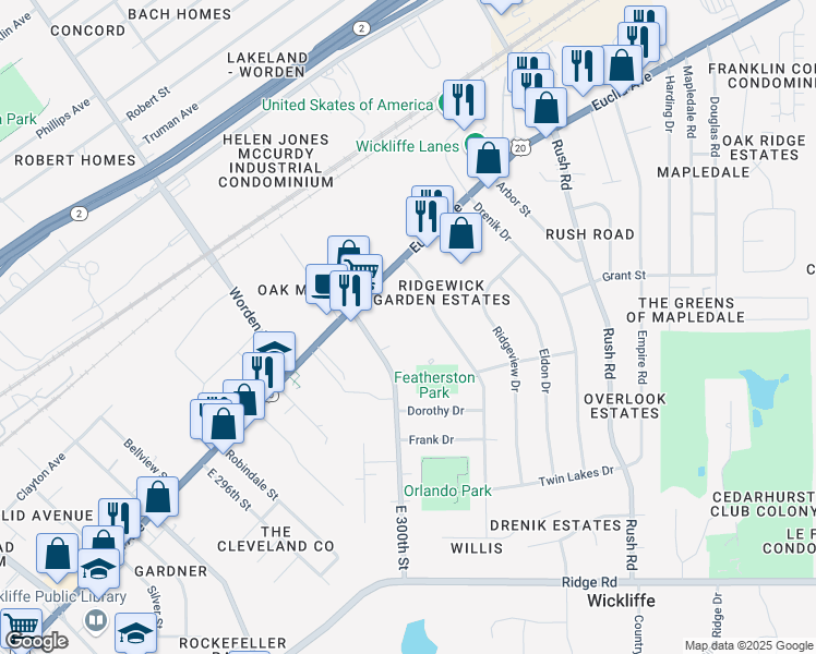 map of restaurants, bars, coffee shops, grocery stores, and more near 1580 Lee Terrace Drive in Wickliffe