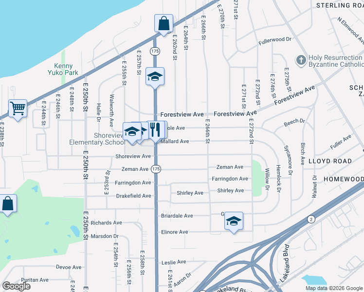 map of restaurants, bars, coffee shops, grocery stores, and more near 26315 Shoreview Avenue in Euclid