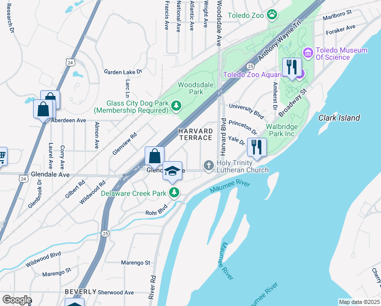 map of restaurants, bars, coffee shops, grocery stores, and more near 1448 Kenyon Drive in Toledo