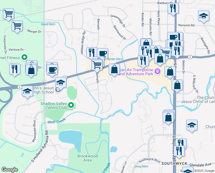 map of restaurants, bars, coffee shops, grocery stores, and more near 5661 Eaglebrook Road in Toledo