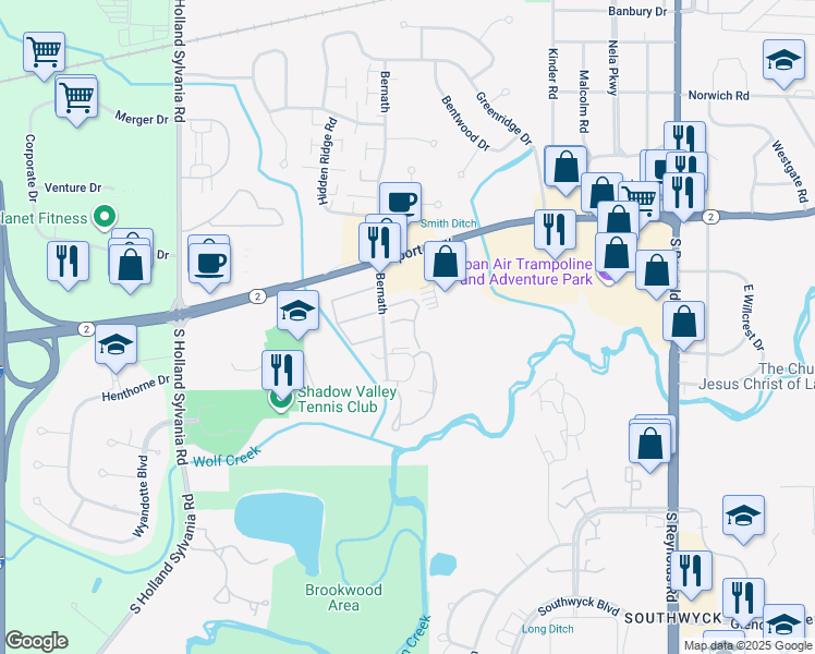 map of restaurants, bars, coffee shops, grocery stores, and more near 5661 Eaglebrook Road in Toledo
