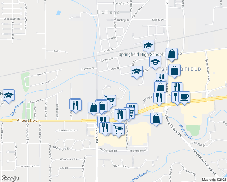 map of restaurants, bars, coffee shops, grocery stores, and more near 7140 Spring Meadows Drive West in Holland