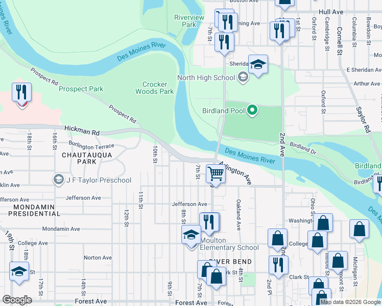 map of restaurants, bars, coffee shops, grocery stores, and more near 701 Hickman Road in Des Moines