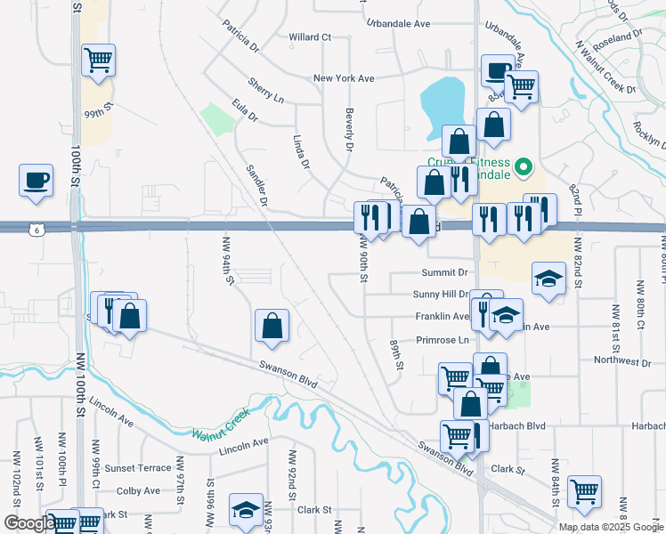 map of restaurants, bars, coffee shops, grocery stores, and more near 9108 Franklin Avenue in Clive