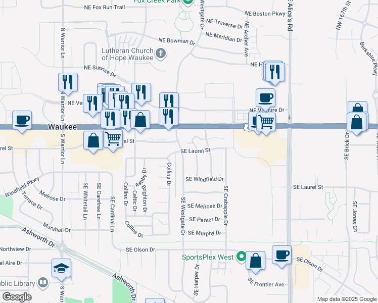 map of restaurants, bars, coffee shops, grocery stores, and more near 120 Southeast Dogwood Lane in Waukee