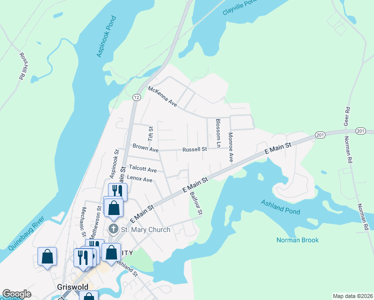 map of restaurants, bars, coffee shops, grocery stores, and more near 49 Russell Street in Griswold