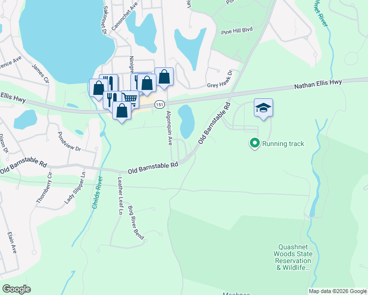 map of restaurants, bars, coffee shops, grocery stores, and more near 300 Nathan Ellis Highway in Mashpee