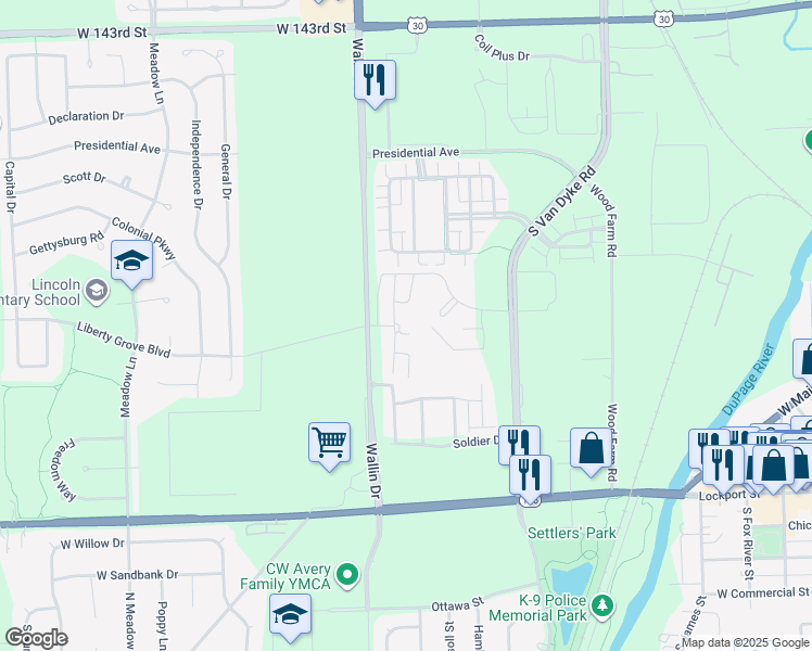 map of restaurants, bars, coffee shops, grocery stores, and more near 14750 Wallin Drive in Plainfield