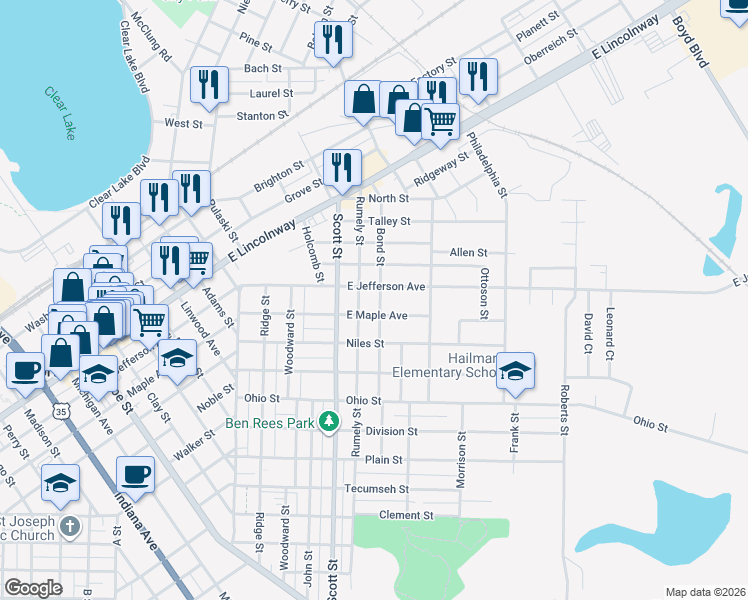 map of restaurants, bars, coffee shops, grocery stores, and more near 601-699 E Maple Ave in La Porte