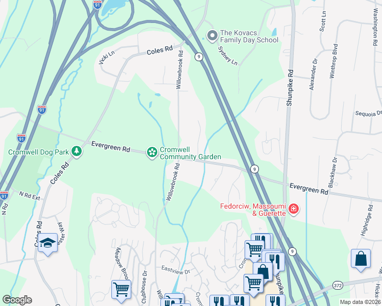 map of restaurants, bars, coffee shops, grocery stores, and more near 160 Evergreen Road in Cromwell