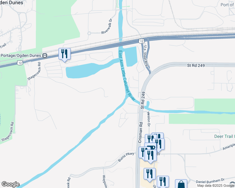 map of restaurants, bars, coffee shops, grocery stores, and more near 6161 Burns Waterway in Portage