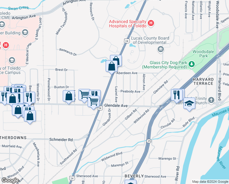 map of restaurants, bars, coffee shops, grocery stores, and more near 1402 Laurel Avenue in Toledo