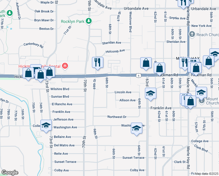 map of restaurants, bars, coffee shops, grocery stores, and more near 2011 68th Street in Windsor Heights