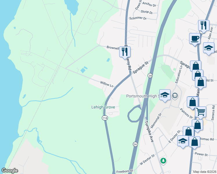 map of restaurants, bars, coffee shops, grocery stores, and more near 20 Willow Lane in Portsmouth