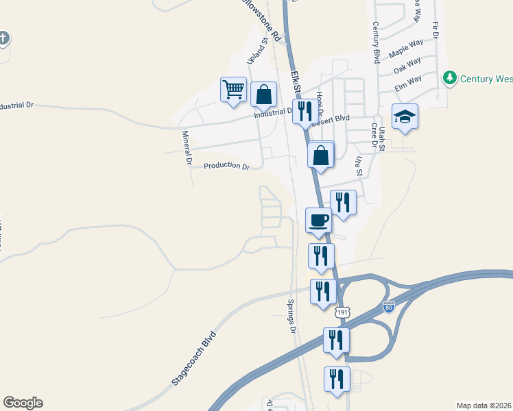 map of restaurants, bars, coffee shops, grocery stores, and more near 5020 Springs Drive in Rock Springs