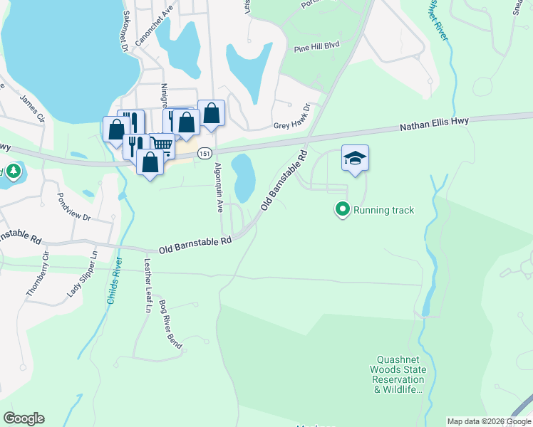 map of restaurants, bars, coffee shops, grocery stores, and more near Bates Rd in Mashpee