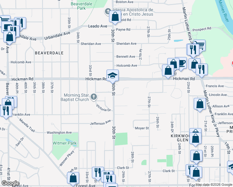 map of restaurants, bars, coffee shops, grocery stores, and more near 2015 30th Street in Des Moines