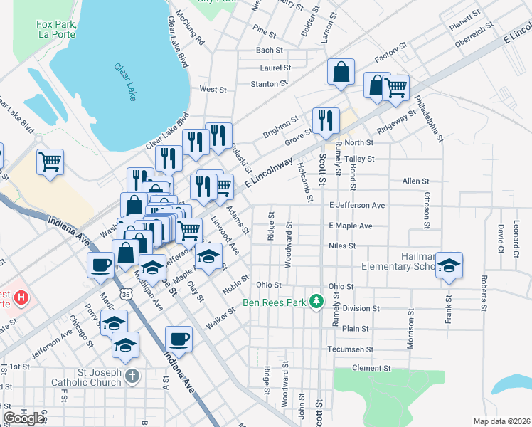 map of restaurants, bars, coffee shops, grocery stores, and more near 103 East Maple Avenue in La Porte