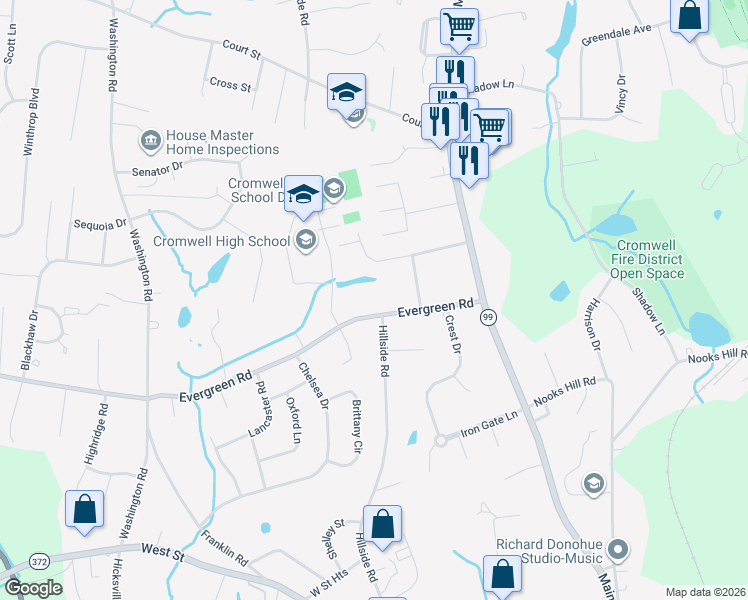 map of restaurants, bars, coffee shops, grocery stores, and more near 24 Evergreen Road in Cromwell