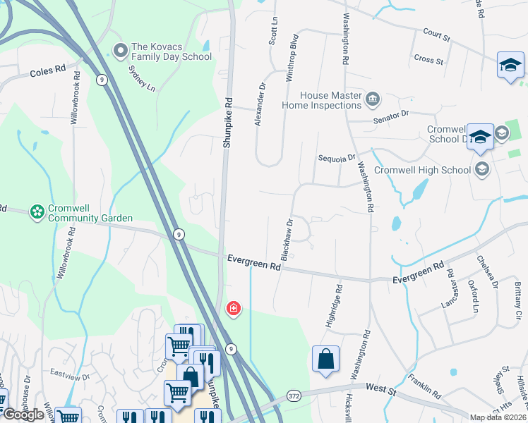 map of restaurants, bars, coffee shops, grocery stores, and more near 11 Copper Knoll Lane in Cromwell
