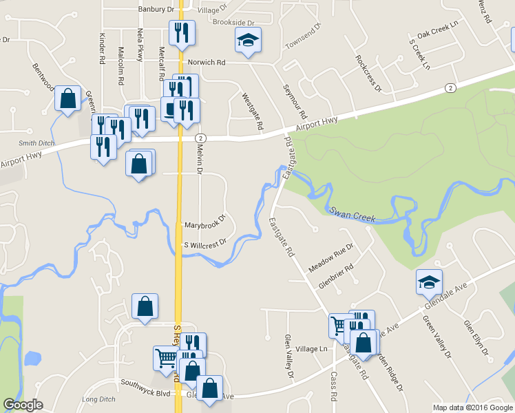 map of restaurants, bars, coffee shops, grocery stores, and more near 1450 Eastgate Road in Toledo