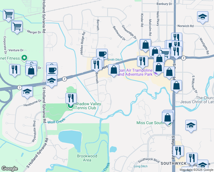 map of restaurants, bars, coffee shops, grocery stores, and more near 5661 Eaglebrook Road in Toledo