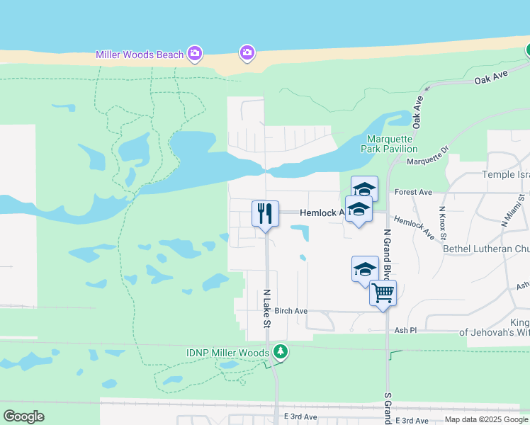 map of restaurants, bars, coffee shops, grocery stores, and more near 435 North Lake Street in Gary