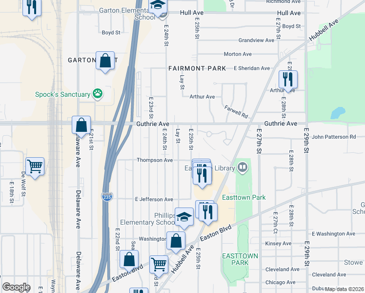 map of restaurants, bars, coffee shops, grocery stores, and more near 2108 East 25th Street in Des Moines